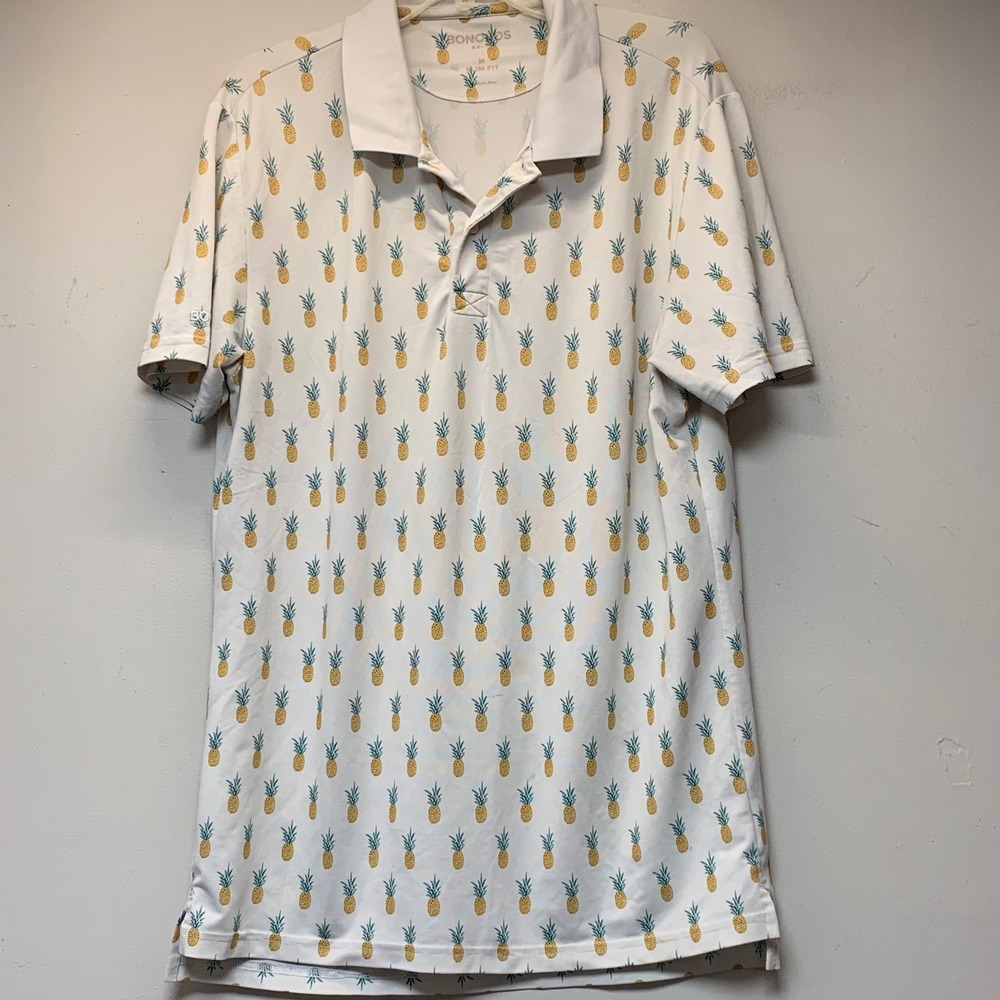 Bonobos Golf Polo Shirt Mens Medium White Pineapple Slim Fit Excellent 13568